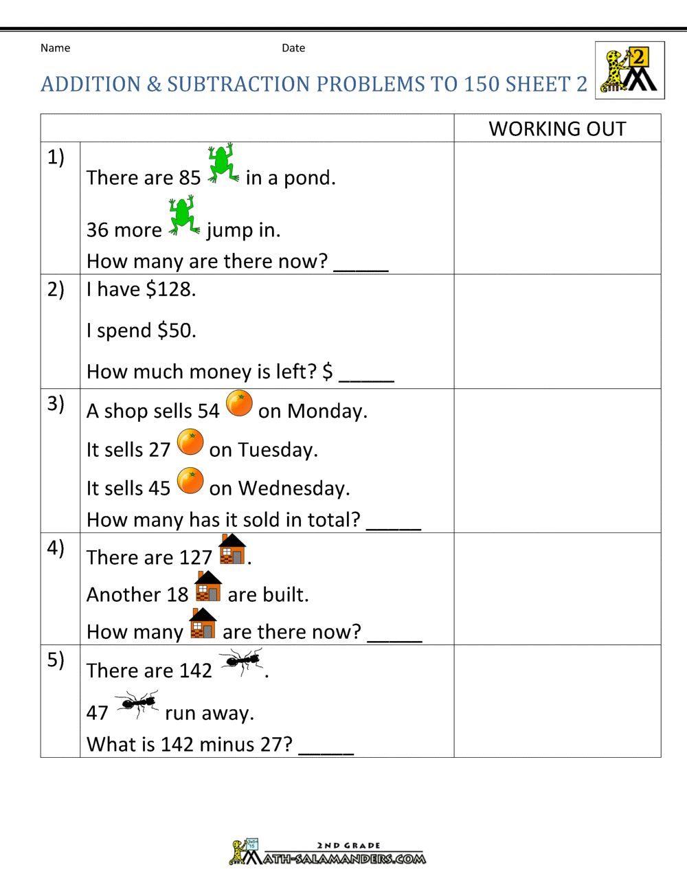 Addition Subtraction Word Problems 2nd Grade