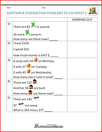 printable addition subtraction word problems to 150 2