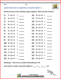 printable addition worksheets addition facts add 3 digits 2