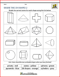 printable geometry worksheets shade 3d shapes 2