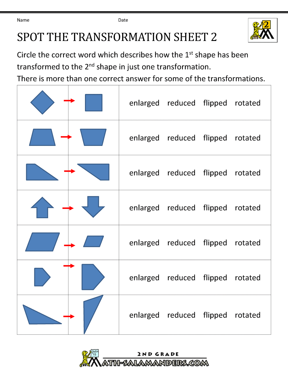 Transformation Geometry Worksheets 2nd Grade