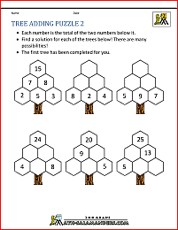 printable math puzzle tree adding puzzle 2