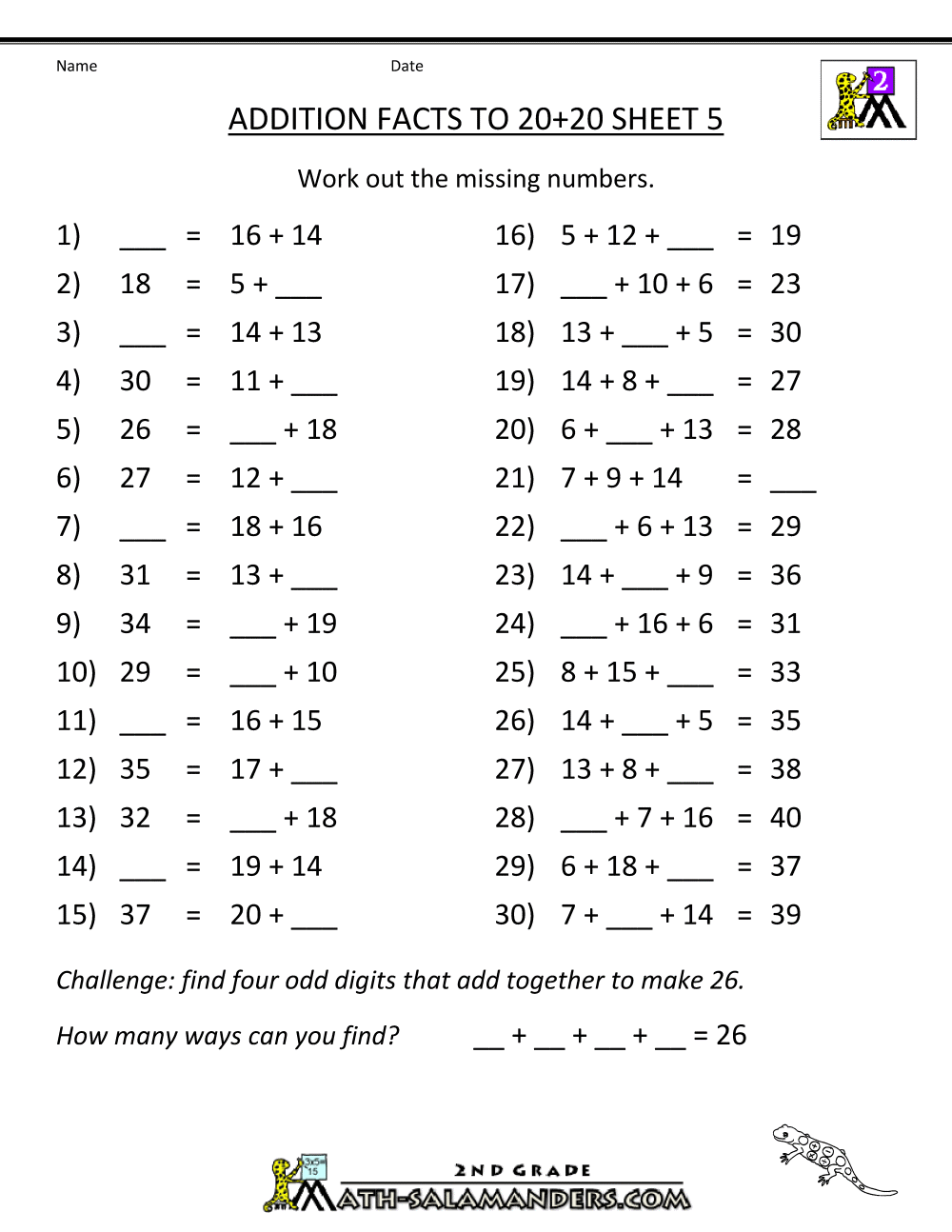 math addition facts to 2020