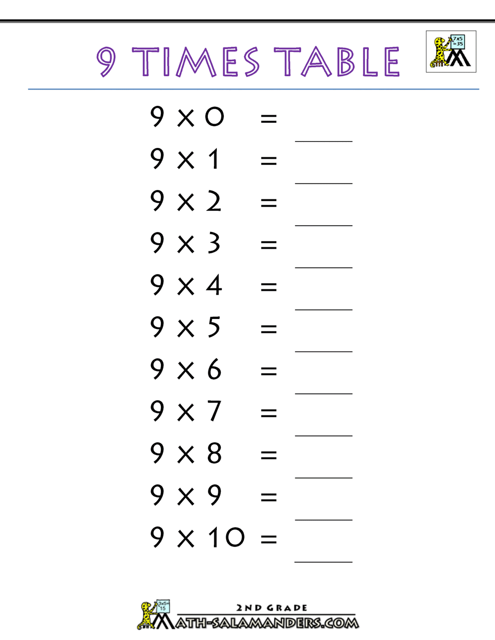 9 Times Table Worksheet Free Printable