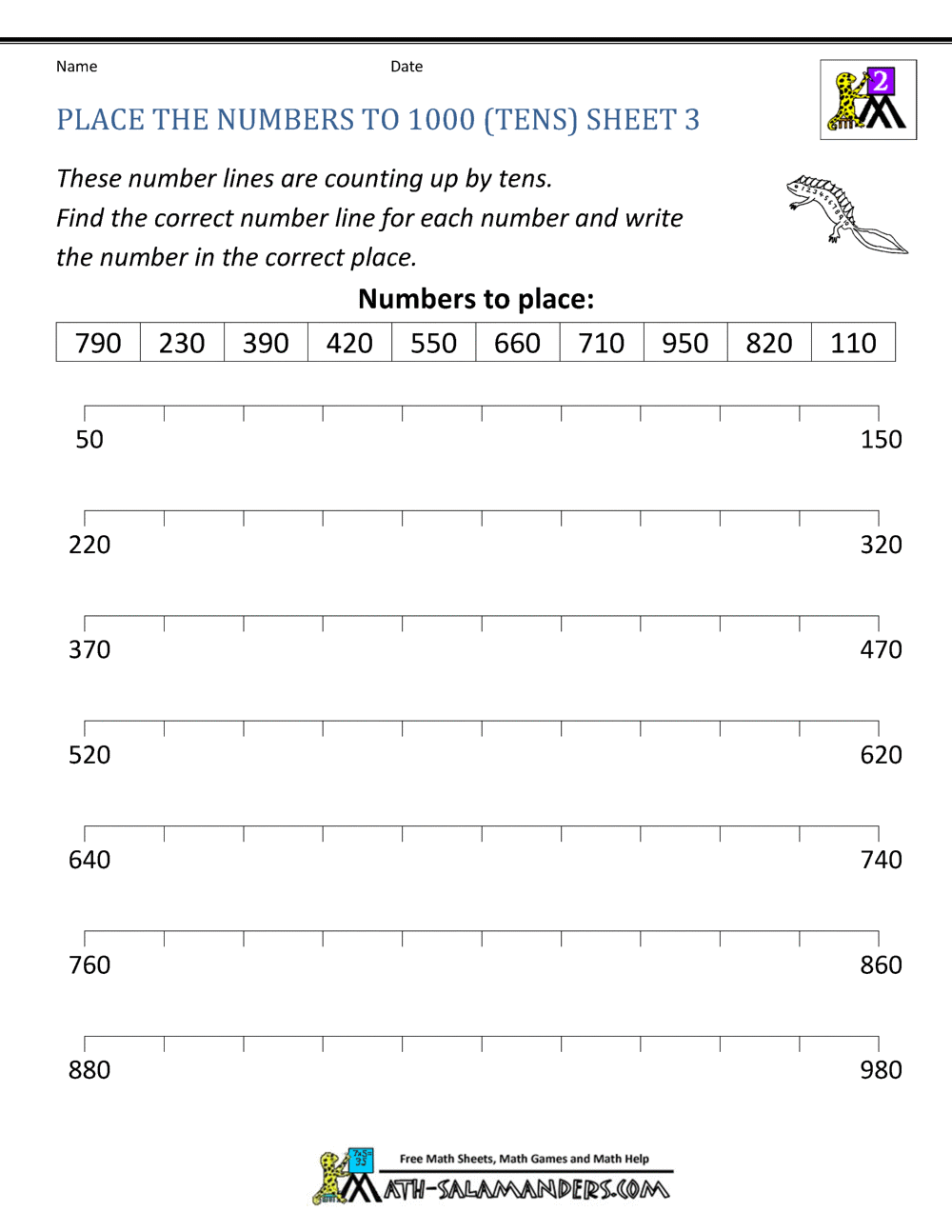 Free Number Line Worksheets - Counting by tens