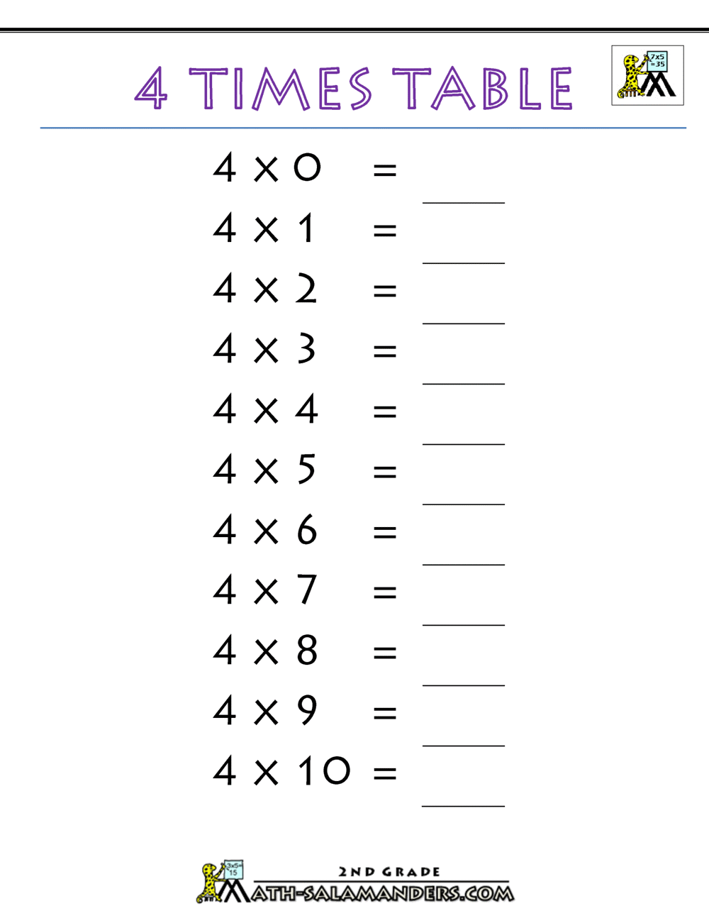 Multiplication Table Of 4 Worksheets