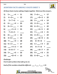 second grade addition facts add 3 digits 3