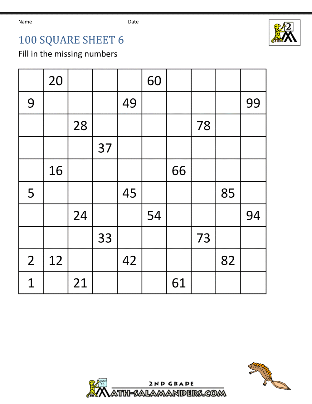 Number Square Worksheets