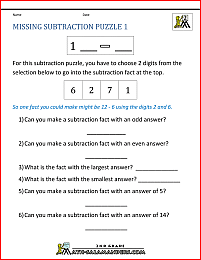 second grade math puzzles missing subtraction 1