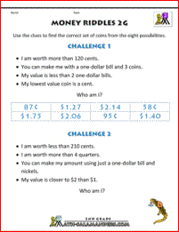 second grade math worksheets Money Riddles 2g