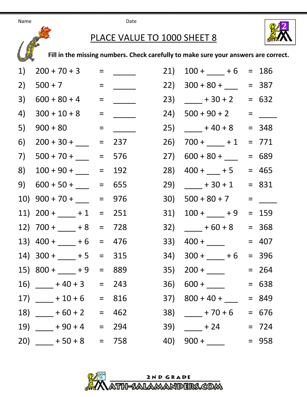 Math Place Value Worksheets to Hundreds