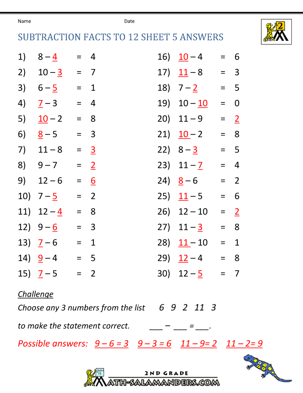 Free Subtraction Worksheets to 11 Intended For 2nd Grade Math Worksheet Pdf