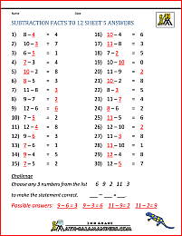 second grade math worksheets subtraction facts to 12 5