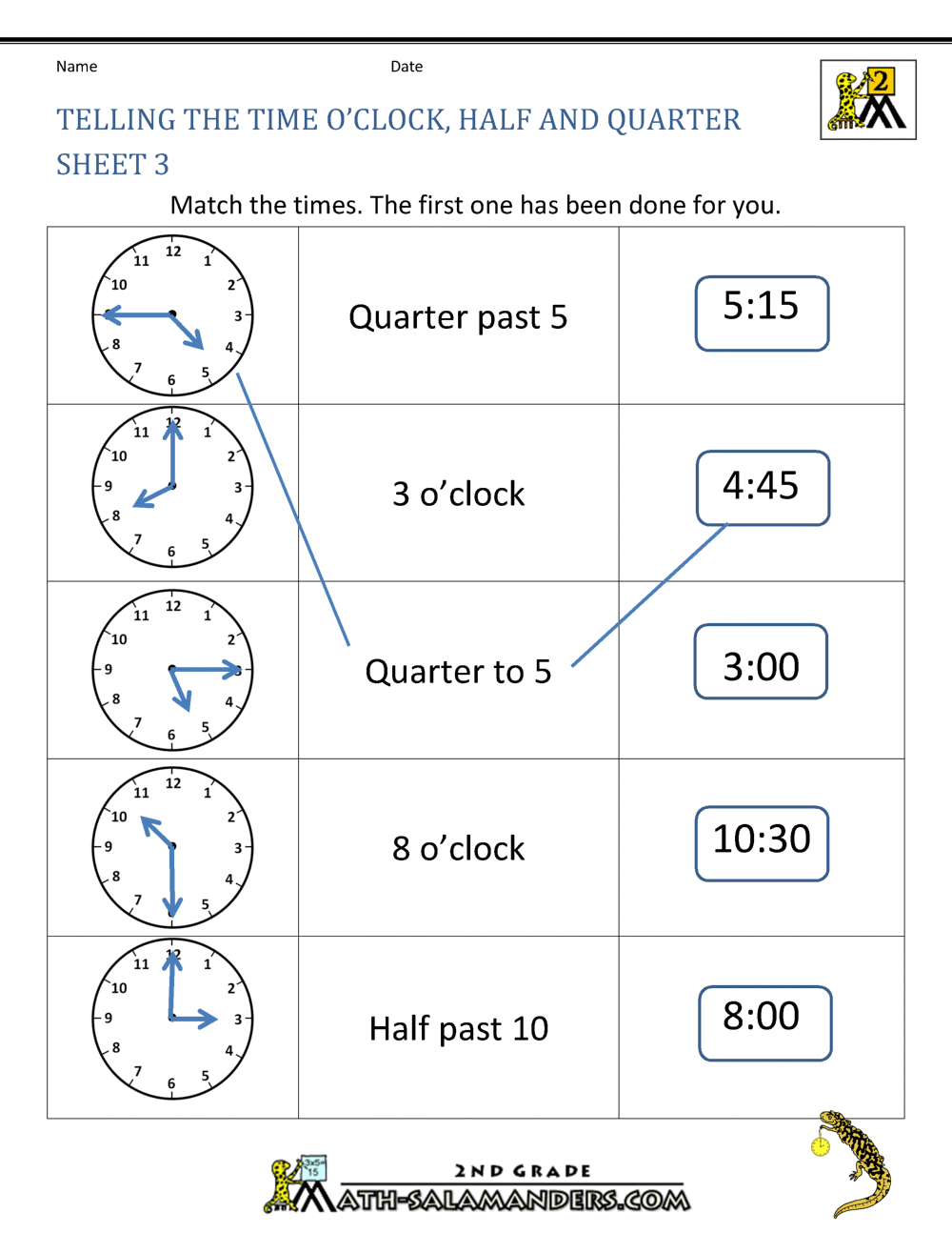 time worksheet o clock quarter and half past