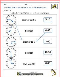 second grade math worksheets telling the time oclock half quarter 3