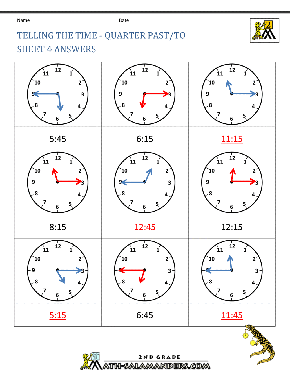 Clock Worksheets Quarter Past and Quarter to