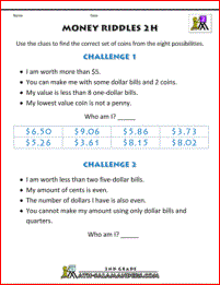 second grade money worksheets Money Riddles 2h