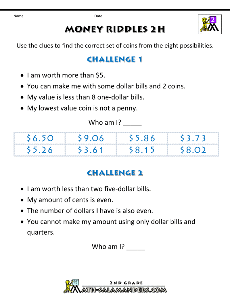 Money Math Worksheets - Money Riddles