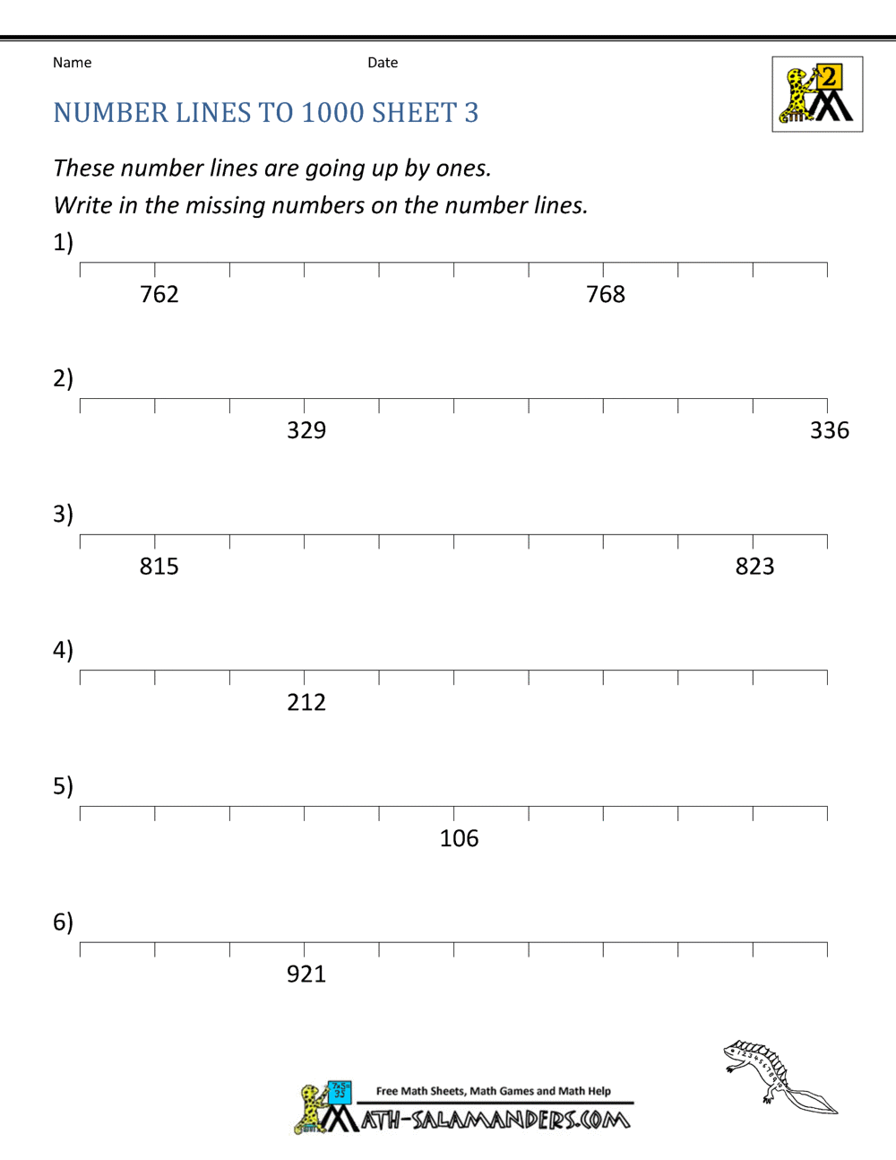 Number Lines Worksheets - Counting by 1s and halves