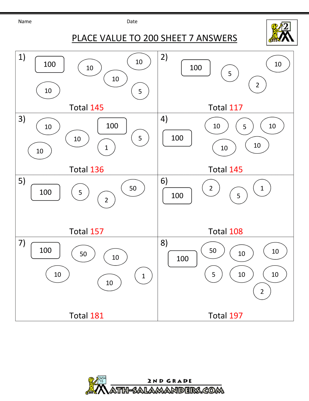 place value worksheet numbers to 200