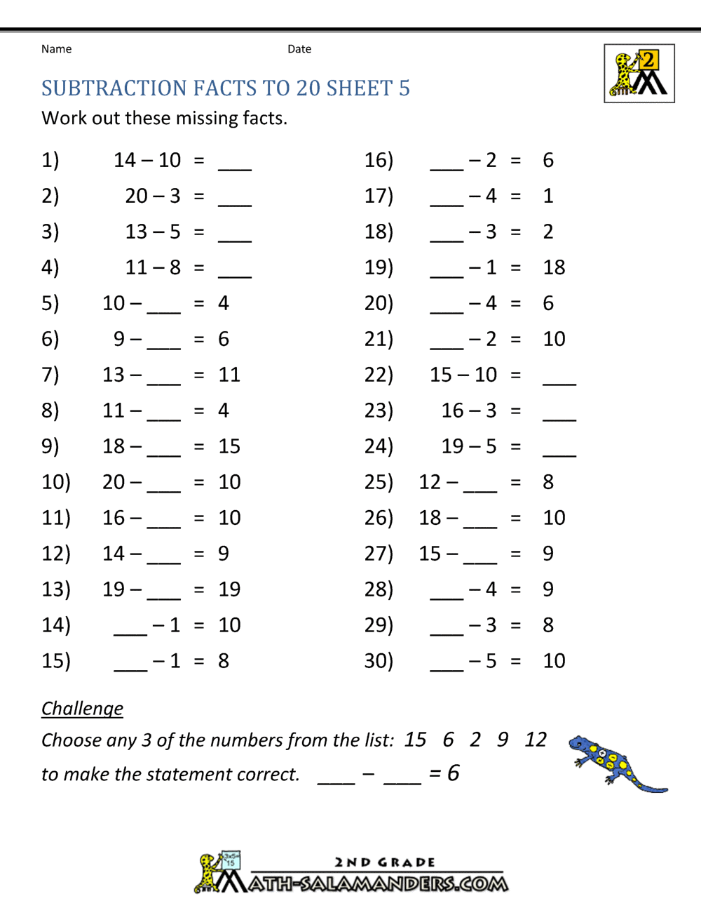 Subtraction to 21 Within 2nd Grade Math Worksheet Pdf