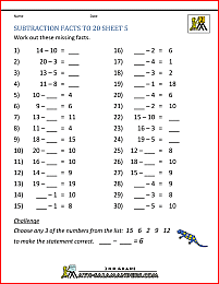 second grade worksheets subtraction facts to 20 5