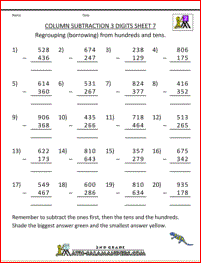 subtraction practice column subtraction 3 digits 7