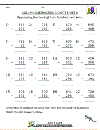 subtraction with borrowing column subtraction 3 digits 8