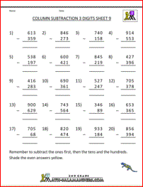 subtraction with regrouping column subtraction 3 digits 9