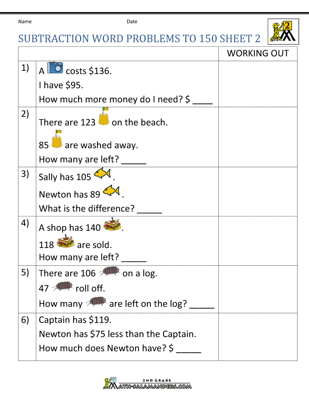 problem solving subtraction worksheets for grade 2