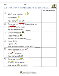 subtraction word problems to 150 3