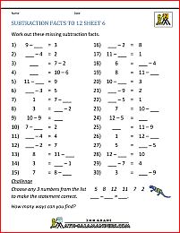 subtraction worksheets facts to 12 6