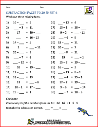 subtraction worksheets subtraction facts to 20 6