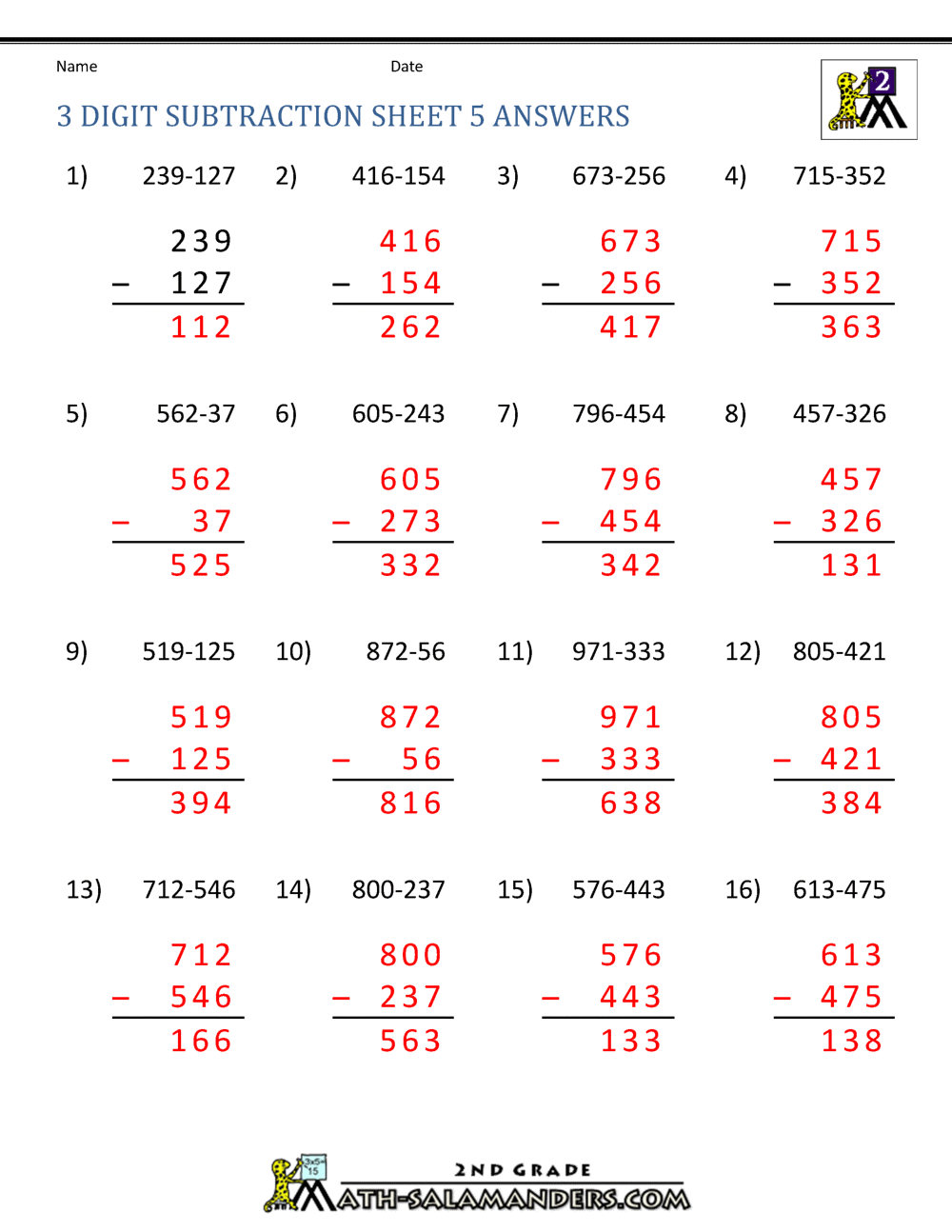 Three Digit Subtraction With Regrouping Worksheets