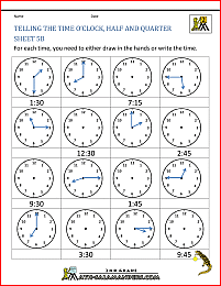 time worksheet telling the time oclock half quarter 5b