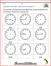 time worksheet telling the time quarter to 4