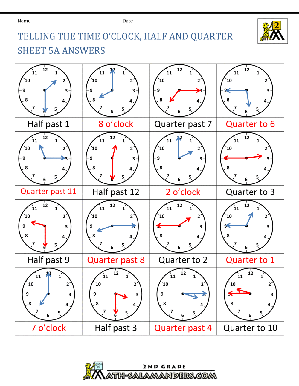 time worksheet oclock quarter and half past