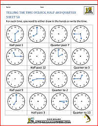 time worksheets telling the time oclock half quarter 5a
