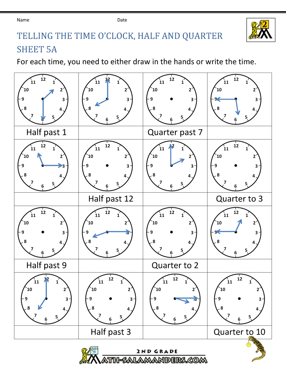 time worksheet o clock quarter and half past