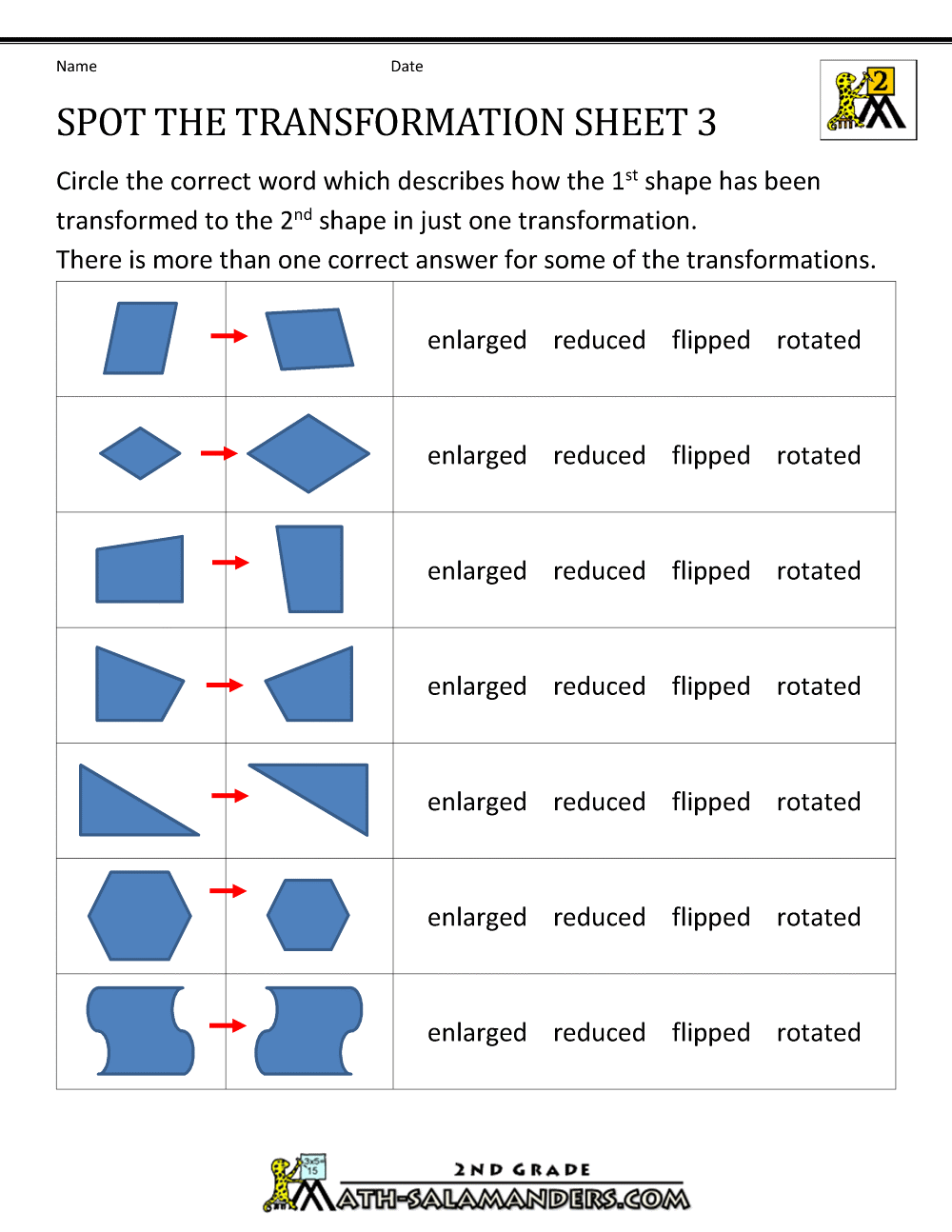 Transformation Geometry Worksheets 2nd Grade