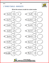 1 times table worksheet rockets