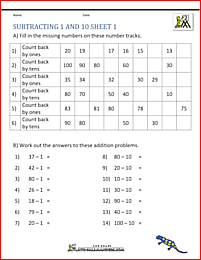 1st grade subtraction worksheets subtracting 1 and 10 1
