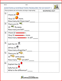 2nd grade addition and subtraction problems to 50 1