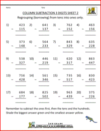 2nd grade math worksheets column subtraction 3 digits 2