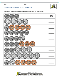 2nd grade math worksheets count the coins to 1 dollar 1