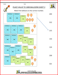 2nd grade math worksheets place value balloons up to hundreds 2
