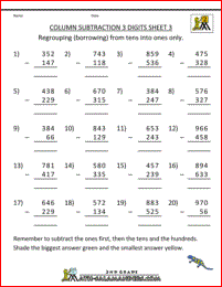 2nd grade worksheets column subtraction 3 digits 3