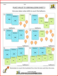 2nd grade worksheets place value balloons up to hundreds 3