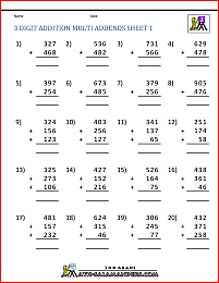 3 digit addition worksheets with multi addends 1