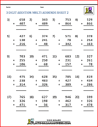 3 digit addition worksheets with multi addends 2